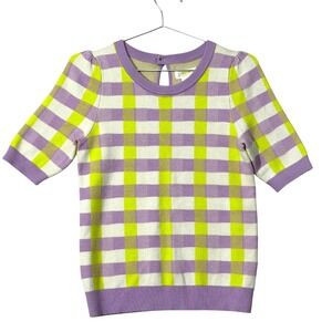 Maeve by Anthropologie Gingham Knit Top Women XS Purple Lime Green Puff Sleeve